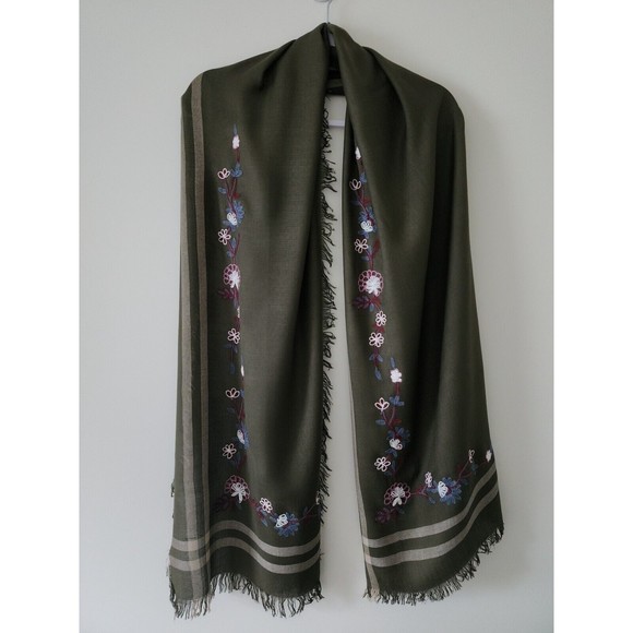 Isa & Stef Womens Embroidered Scarf Wrap Viscose Military Green Fringe 24"x74" - Picture 2 of 8